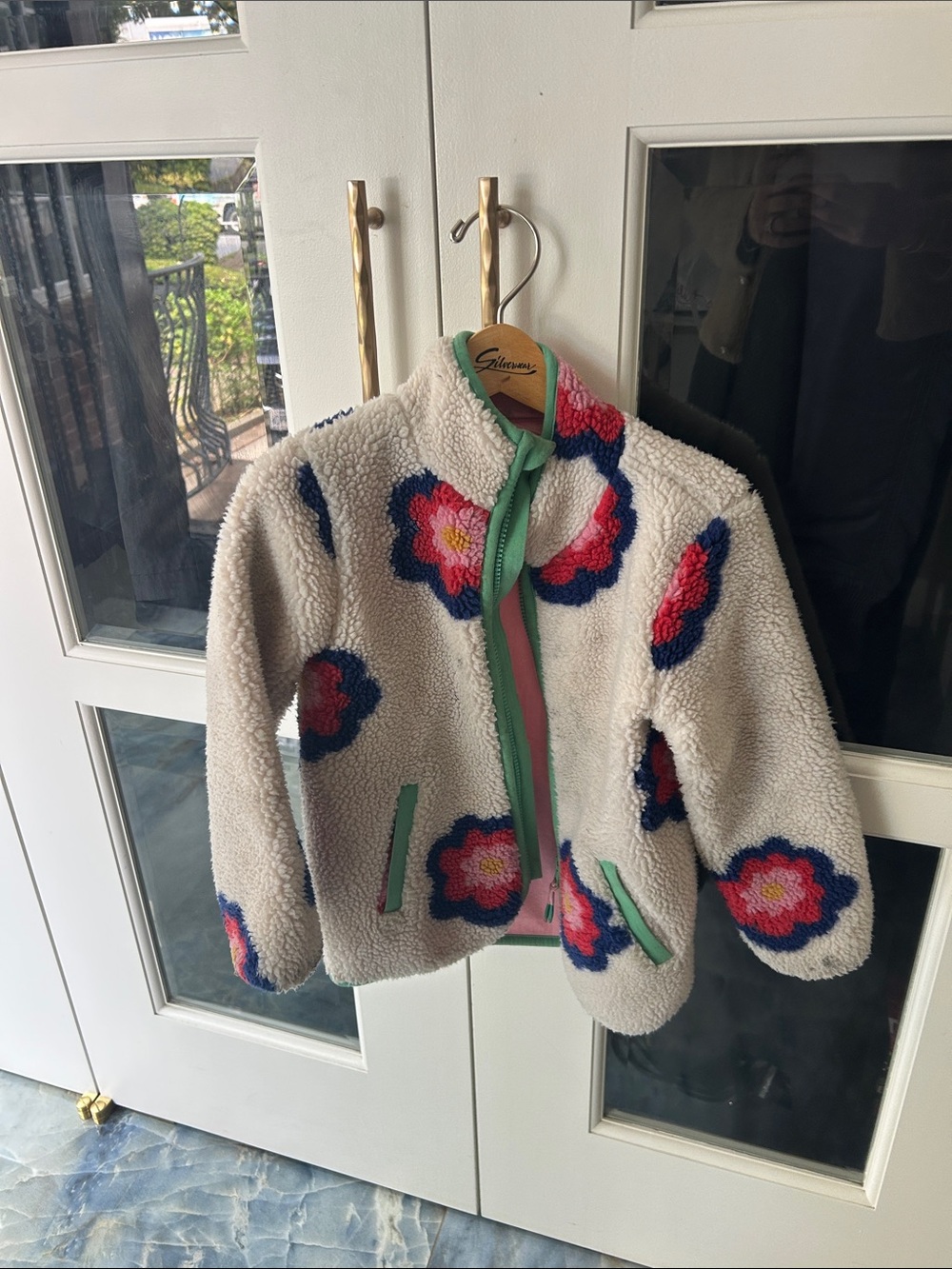 Mini Boden Floral Sherpa Jacket - Cream with Pink & Blue Accents size 5